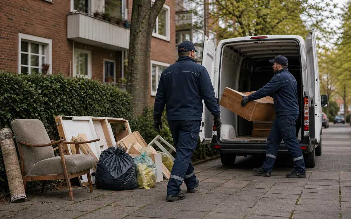 Unerlaubt abgestellte Möbel und Sperrmüll vor einem Hamburger Mehrfamilienhaus