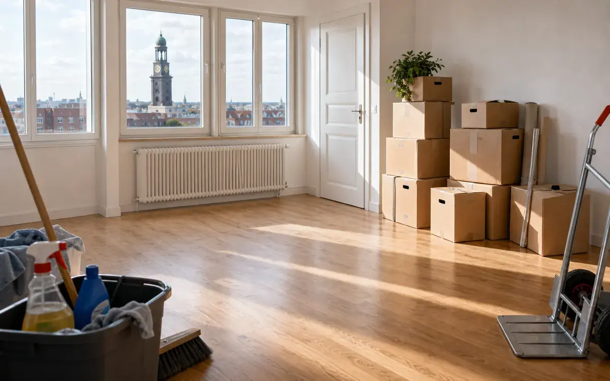 Besenreine Hamburger Wohnung mit Umzugskartons und Reinigungsutensilien