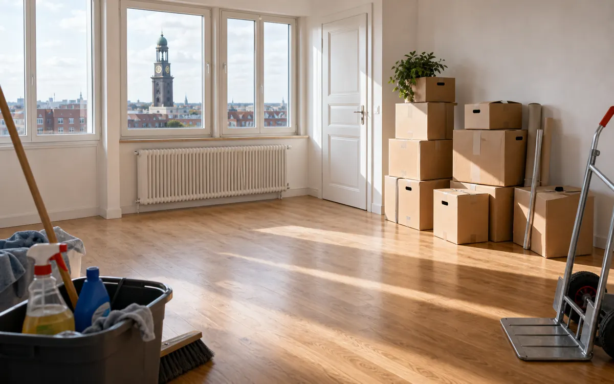 Bild-einer-besenreinen-Wohnung-mit-gepackten-Umzugskartons-und-Reinigungsmitteln-im-Vordergrund-lq